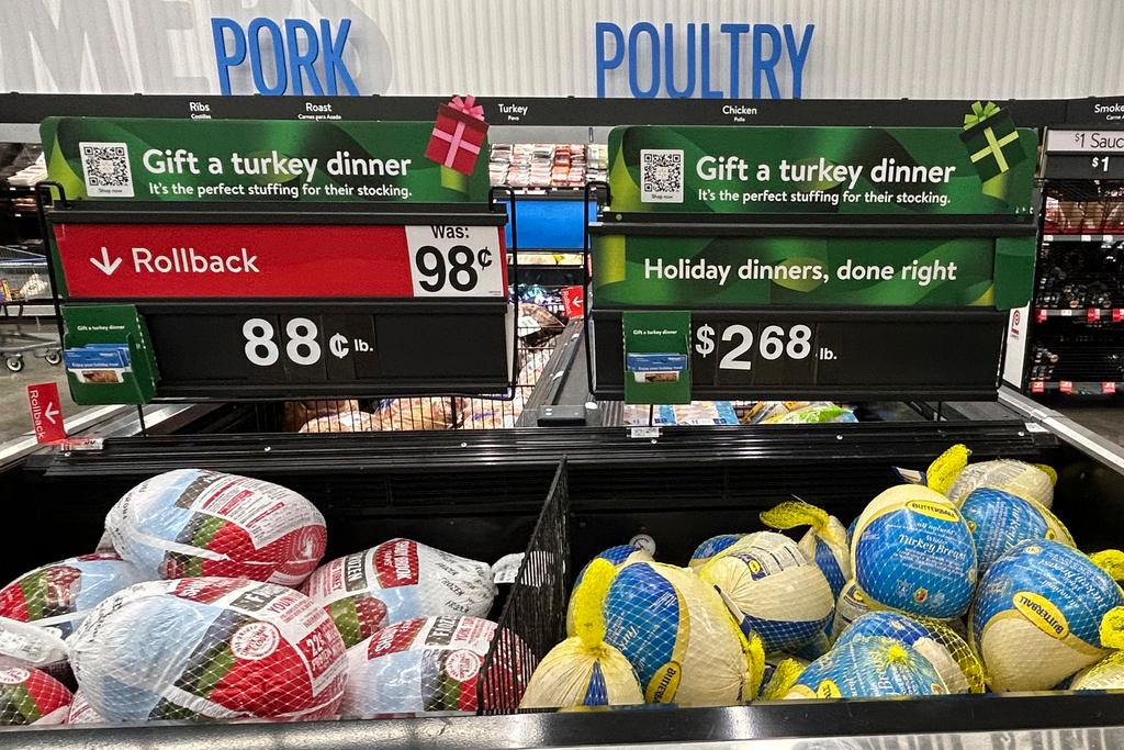 Frozen turkey is displayed at a Walmart store in Secaucus, N.J., on Wednesday, Nov. 13, 2024. 