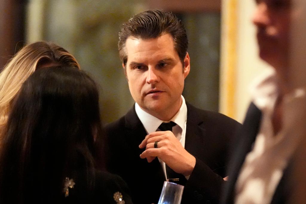 Matt Gaetz arrives before President-elect Donald Trump speaks during an America First Policy Institute gala at his Mar-a-Lago estate, Thursday, Nov. 14, 2024, in Palm Beach, Fla. 