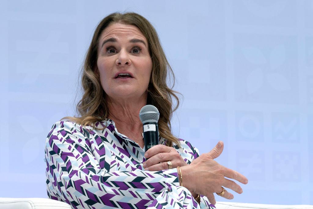 Melinda French Gates speaks at the Seminar: Digital Public Infrastructure: Stacking up the Benefits, during the World Bank/IMF Spring Meetings at the International Monetary Fund (IMF) headquarters in Washington, April 14, 2023.