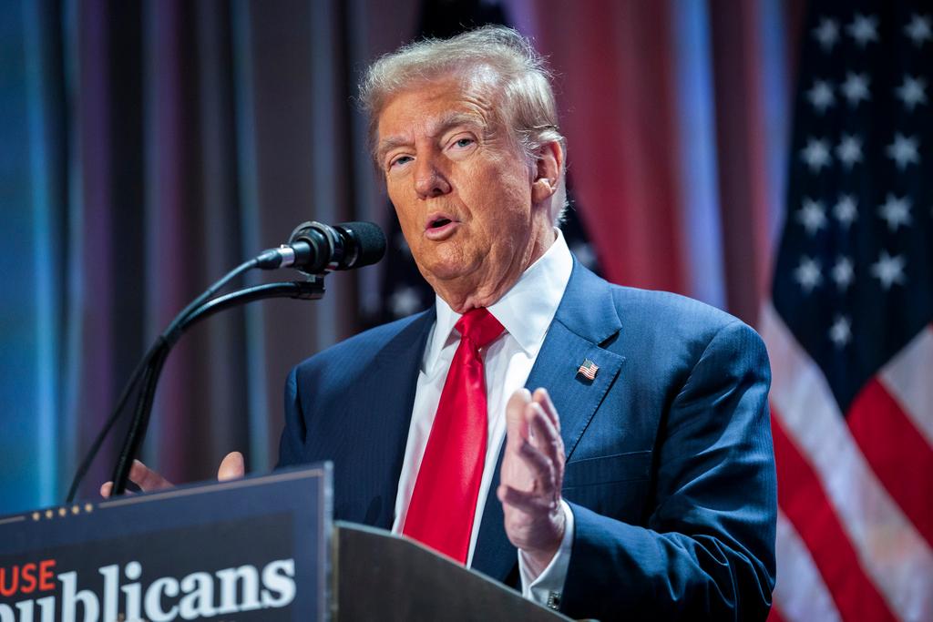 President-elect Donald Trump speaks during a meeting with the House GOP conference, Nov. 13, 2024, in Washington.