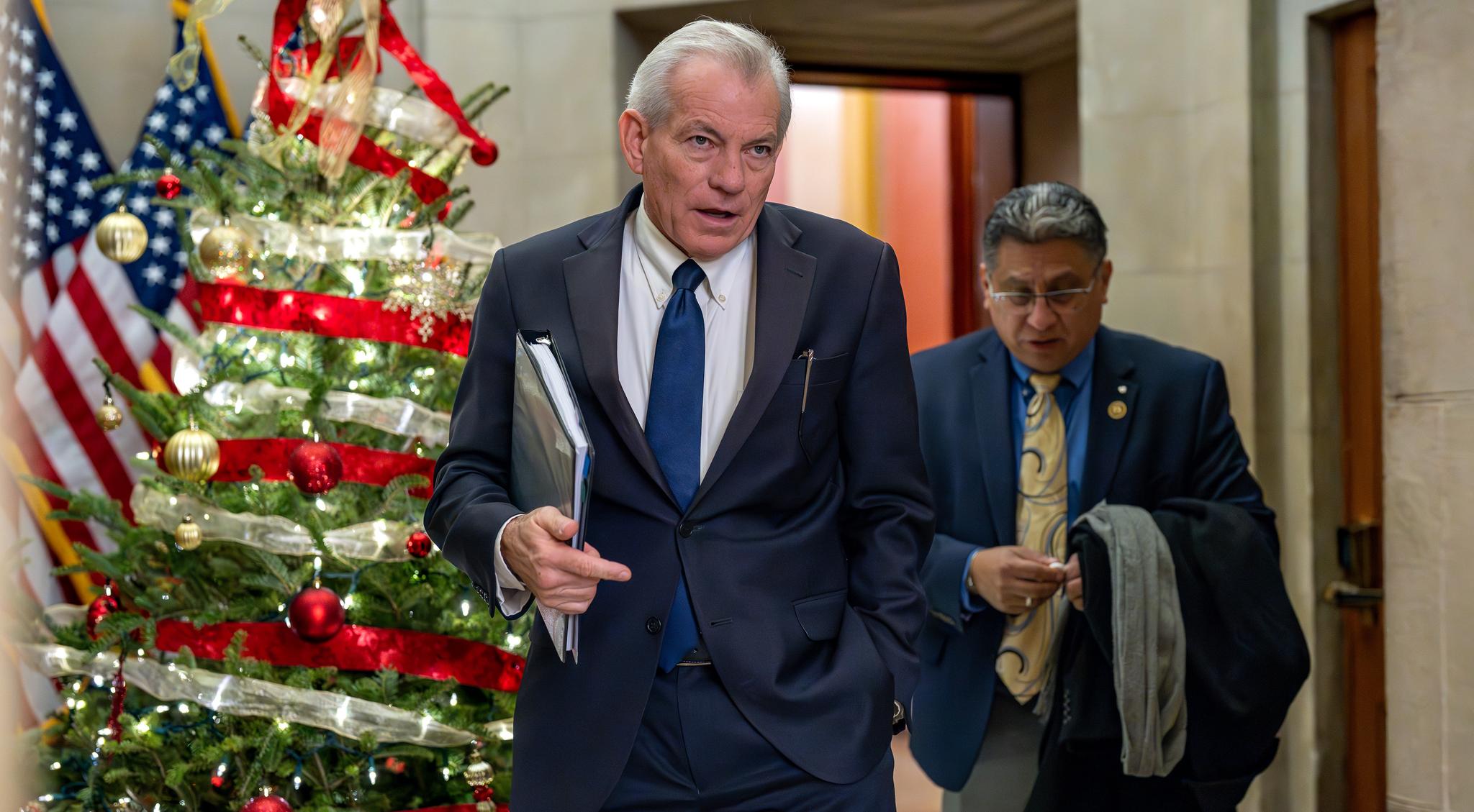 Two men in ties walking out of a room with a Christmas tree in the background.