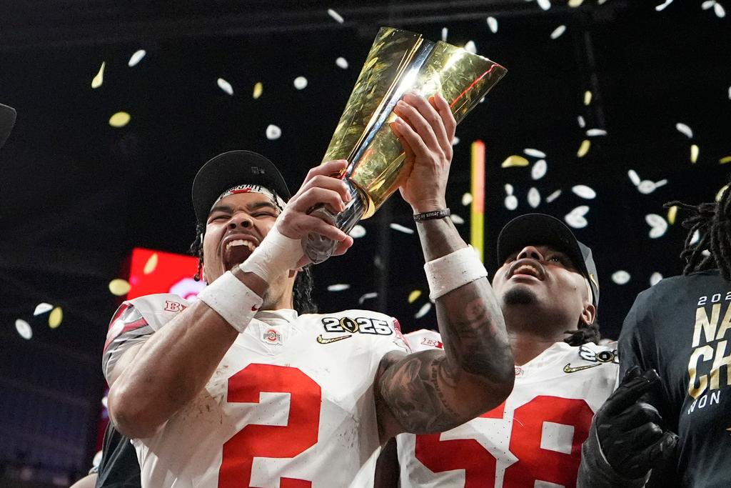 Ohio State wide receiver Emeka Egbuka celebrates after their win against Notre Dame in the College Football Playoff national championship game Monday, Jan. 20, 2025, in Atlanta. 