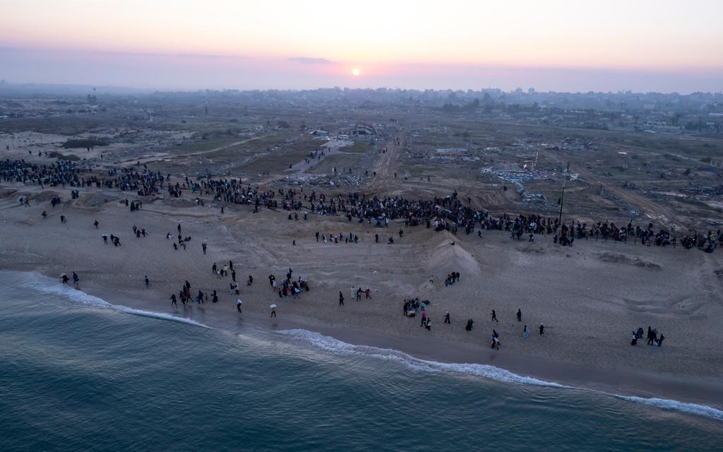 An aerial photograph taken by a drone shows displaced Palestinians return to their homes in the northern Gaza Strip, following Israel's decision to allow thousands of them to go back for the first time since the early weeks of the 15-month war with Hamas, Monday, Jan. 27, 2025.