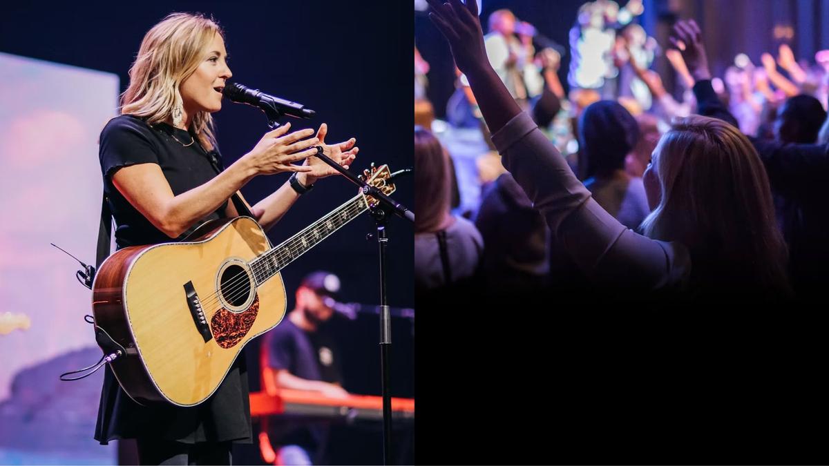Becky leading worship at one of the many churches she volunteers at.