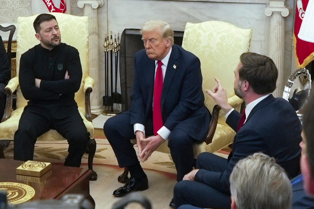 Vice President JD Vance speaks with Ukrainian President Volodymyr Zelenskyy as President Donald Trump listens in the Oval Office 