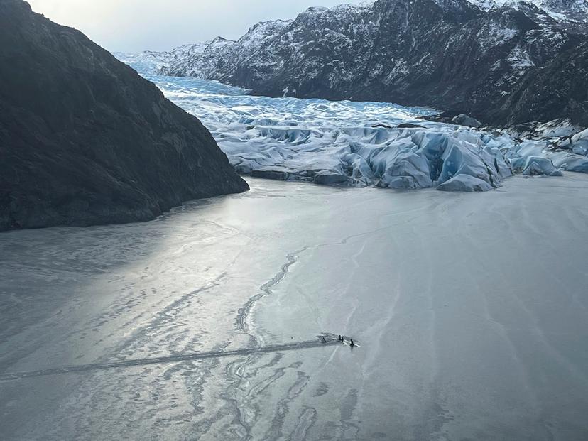 An airplane partially submerged into the ice of Tustumena Lake at the toe of a glacier near Soldotna, Alaska 