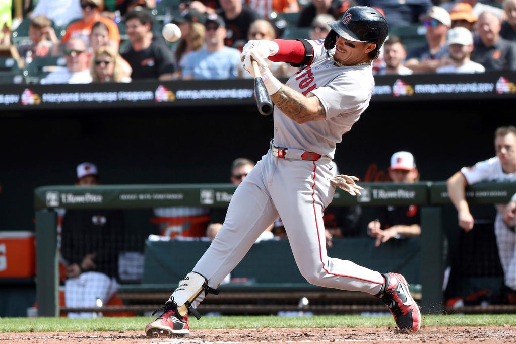 Boston Red Sox outfielder Jarren Duran lines out during the seventh inning of a baseball game against the Baltimore Orioles