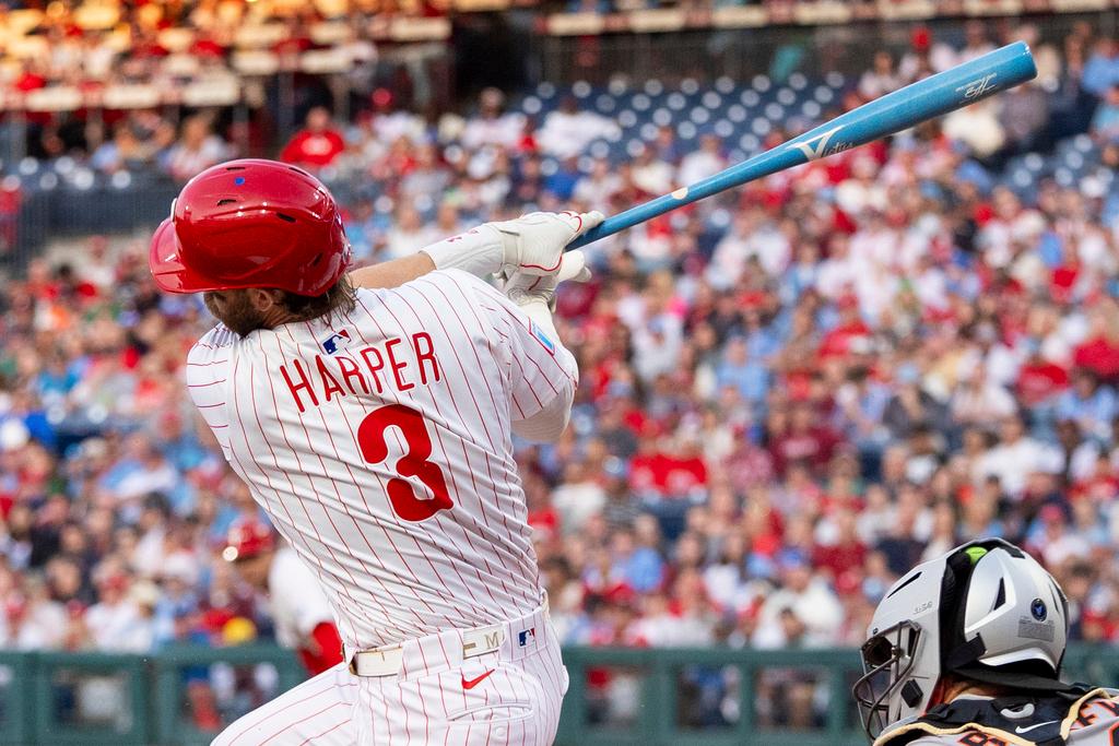 Philadelphia Phillies' Bryce Harper (3) takes an at-bat during the first inning of a baseball game against the San Francisco Giants