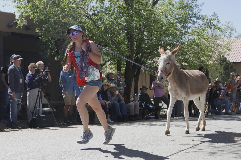 Pack burros and their human companions race through the streets of a former mining town and across backcountry desert trails in Cerrillos, N.M.