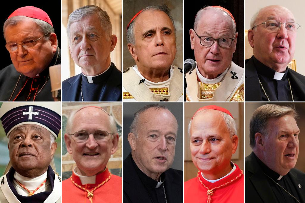 U.S. Cardinals, top row from left, Raymond Burke, Blase Cupich, Daniel DiNardo, Timothy Dolan and Kevin Farrell; bottom row from left, Wilton Gregory, James Michael Harvey, Robert McElroy, Robert Francis Prevost and Joseph Tobin