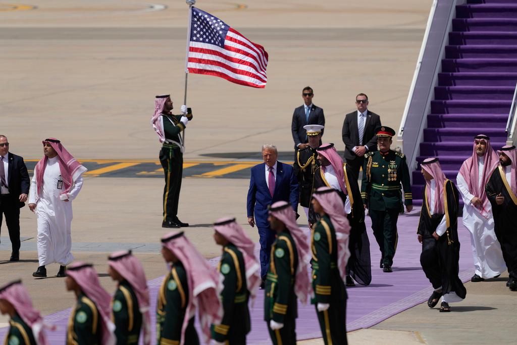 President Donald Trump speaks with Saudi Crown Prince Mohammed bin Salman during an arrival ceremony at the Royal Terminal of King Khalid International Airport in Riyadh, Saudi Arabia