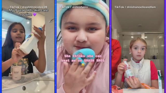 TikTok screen with three young girls showing off their skin care routines