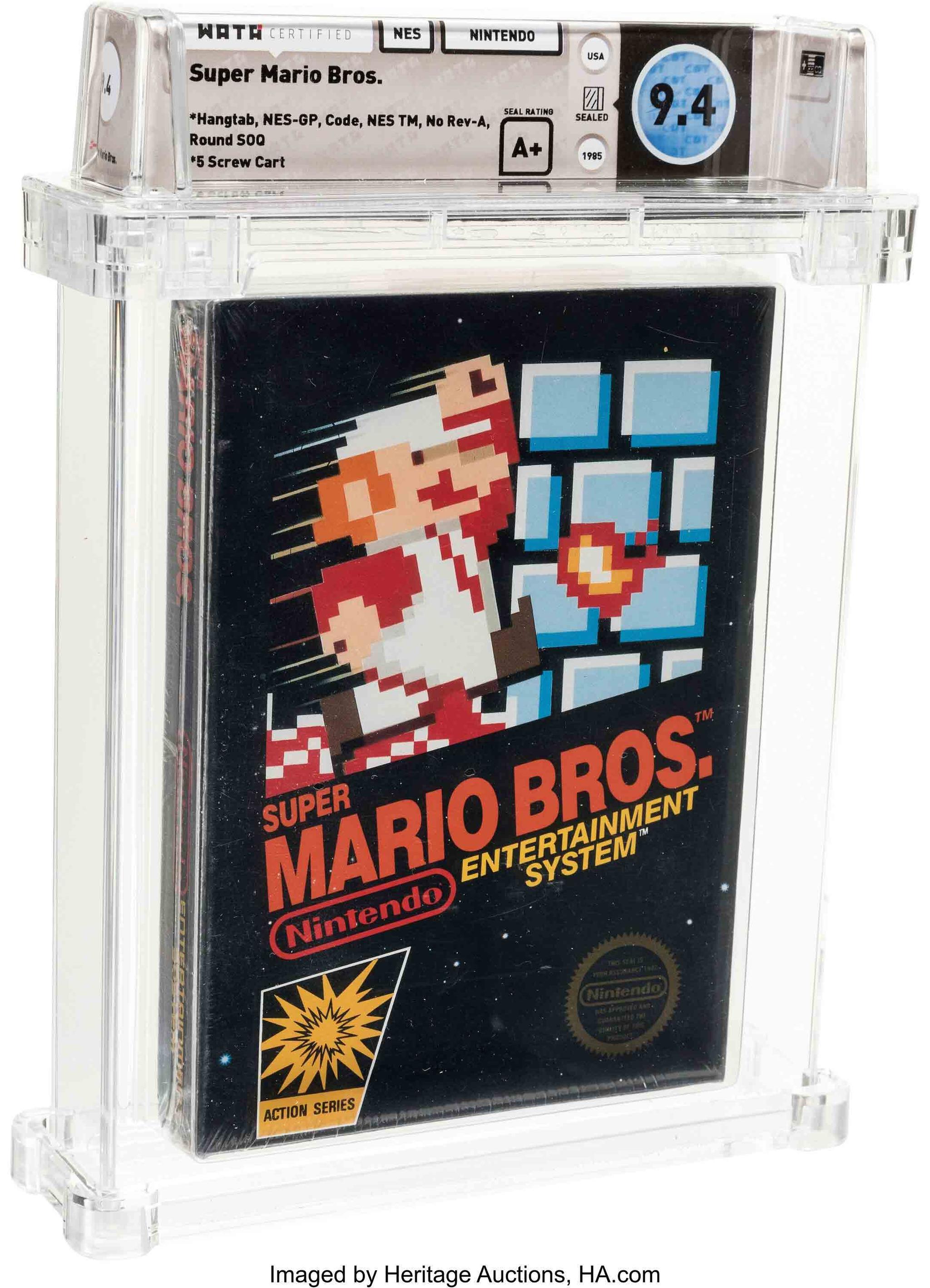 This photo provided by Heritage Auctions on Saturday, July 11, 2020, shows the front of an unopened copy of a vintage Super Mario Bros. video game