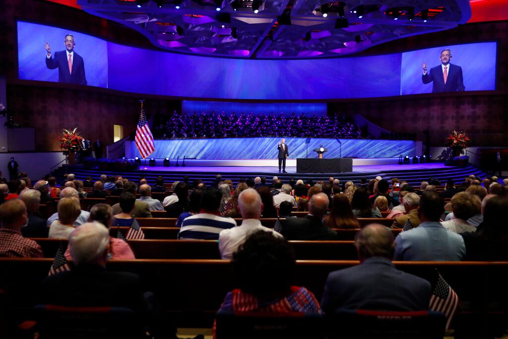 In this Sunday, June 28, 2020 file photo, Senior Pastor Robert Jeffress addresses attendees before Vice President Mike Pence was to speak at the First Baptist Church Dallas during a Celebrate Freedom Rally in Dallas. Concerning the COVID-19 pandemic, the prominent megachurch leader has said, "If we wanted to have zero risks, the safest thing would be to never open our doors. ... The question is how can you balance risk with the very real need to worship."