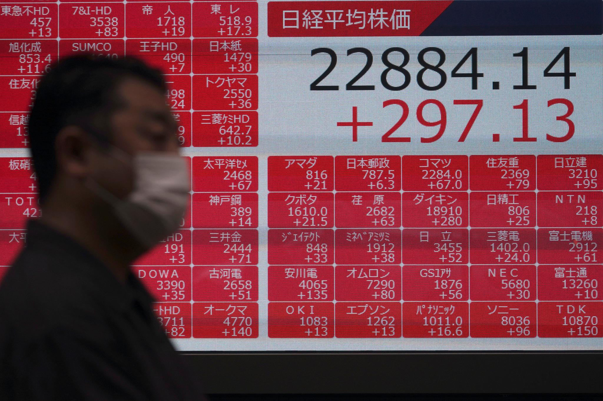 Man walks past electronic stock board showing Japan's Nikkei 225 index at a securities firm in Tokyo Wednesday, July 15, 2020