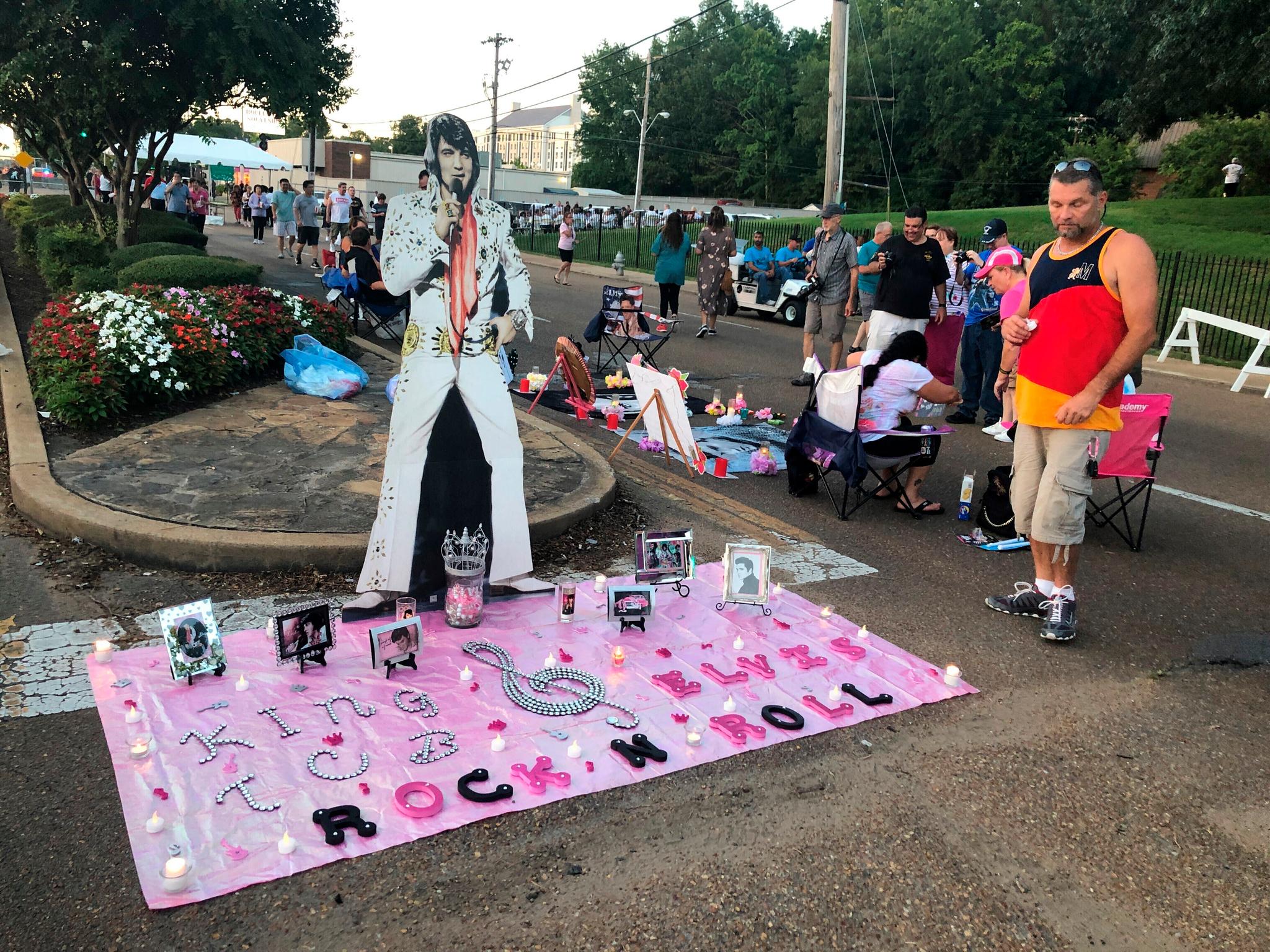Street art display honoring Elvis Presley is shown at a candlelight vigil at Graceland in Memphis