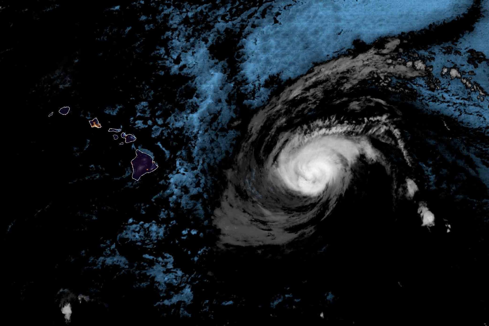This Saturday, July 25, 2020 infrared satellite image made available by the National Oceanic and Atmospheric Administration shows Hurricane Douglas approximately 500 miles east of Hawaii at 4:10 a.m. HST.