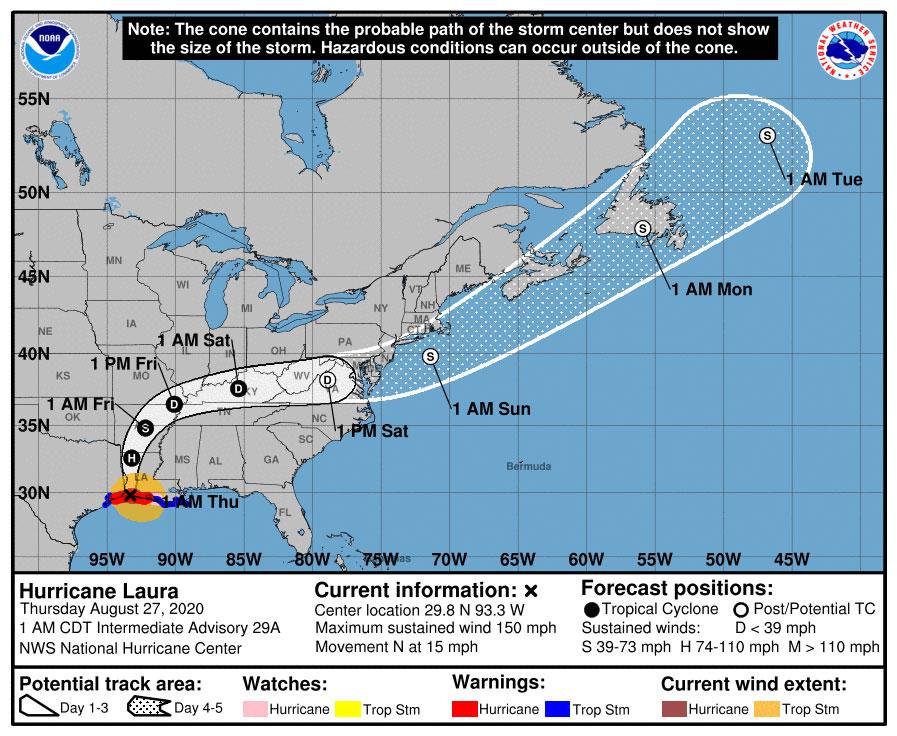 The forcasted path of Hurricane Laura