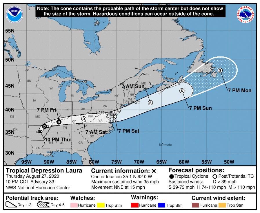the forcasted path of Tropical Depression Laura