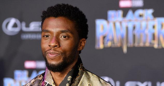 Chadwick Boseman posing in front of Black Panther themed backdrop