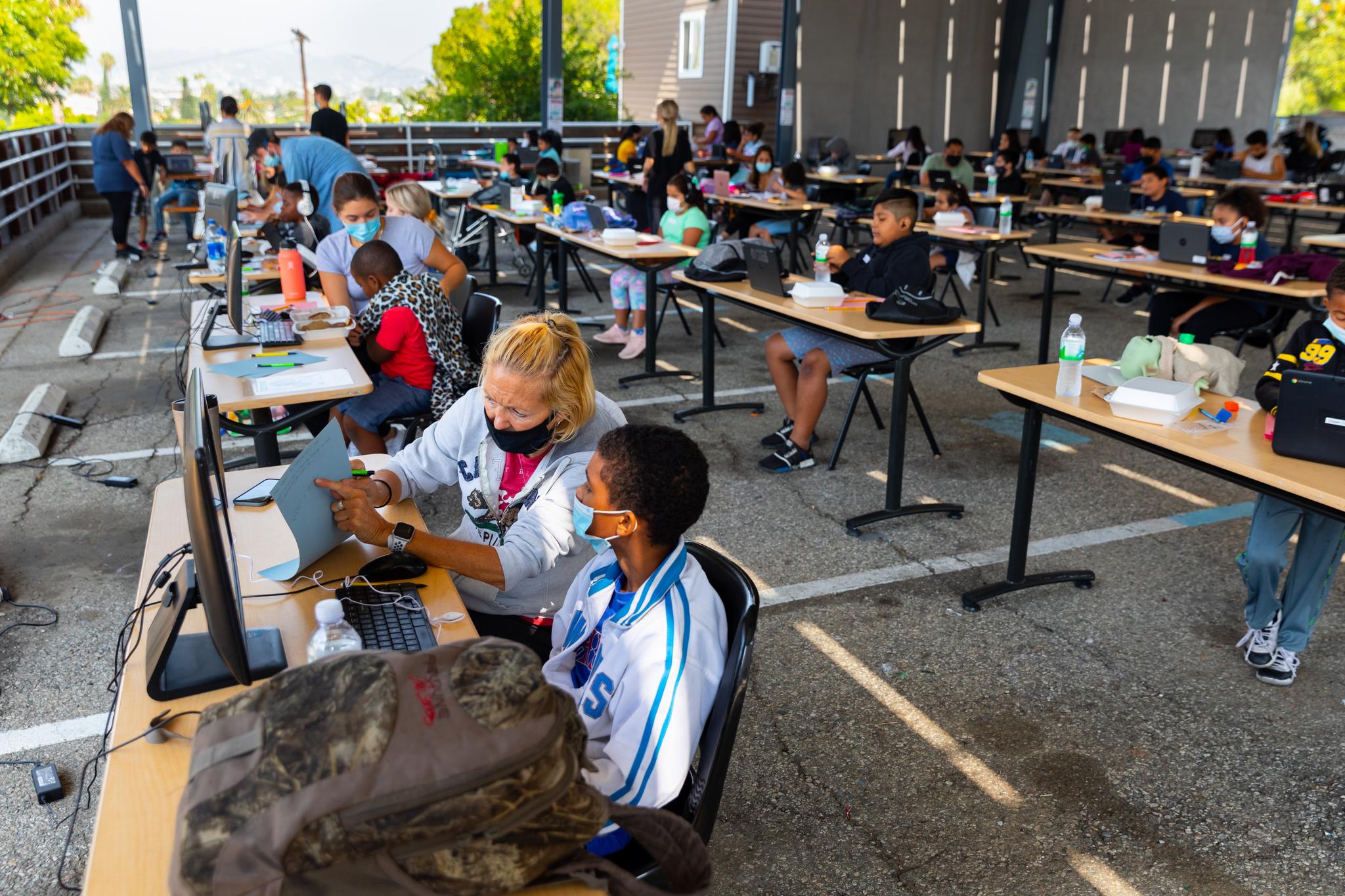 Students learning outside of the Dream Center in LA