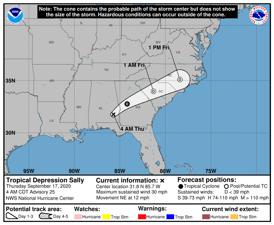forecasted path of Tropical Depression Sally