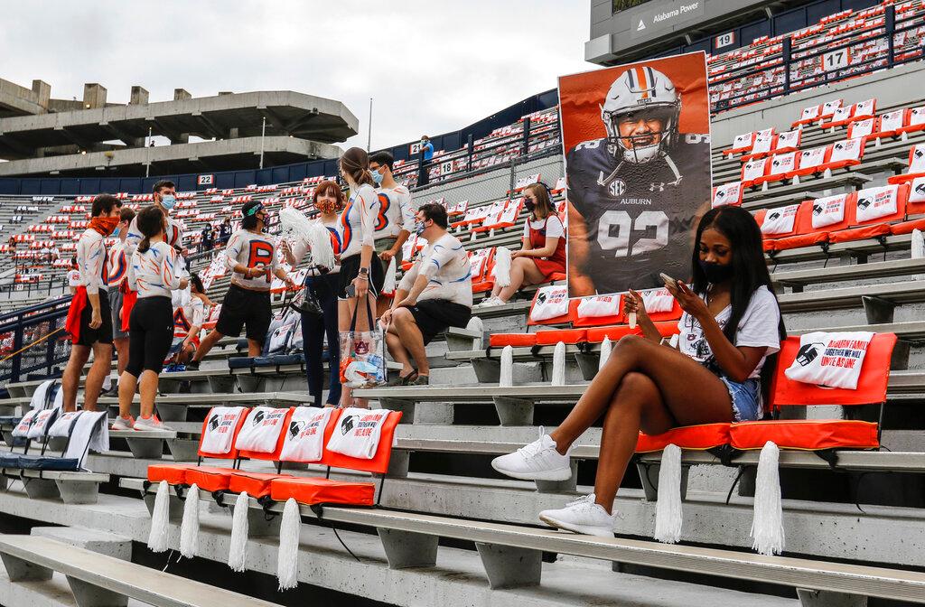 Auburn students are socially distanced as they wait the start of an NCAA college football game against Kentucky on Saturday, September 26, 2020 in Auburn, Alabama.