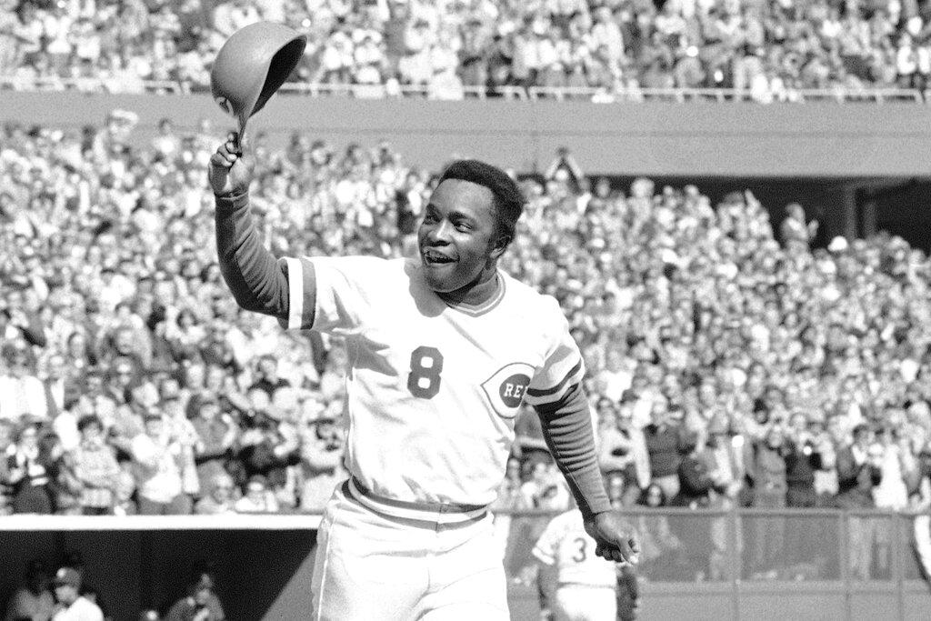 Cincinnati second baseman Joe Morgan tips his helmet to the fans as he rounds the bases after a homer in the first inning against the New York Yankees at Riverfront Stadium in Cincinnati