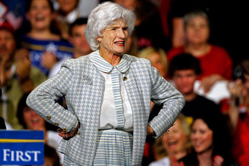Roberta McCain, stands on stage during a rally in Downingtown, Pa.