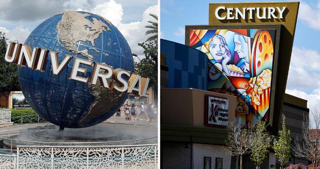 Universal Studios globe and Cinemark Century 16 movie theater