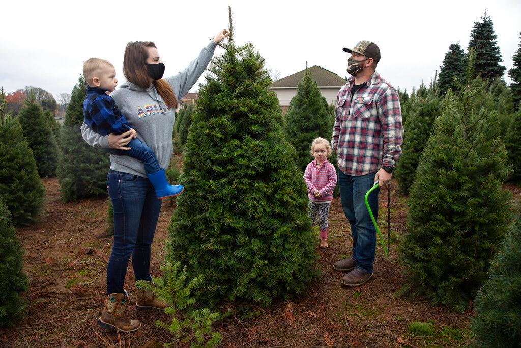 Josh and Jessica Ferrara shop for Christmas trees with son Jayce, 1 year and Jade, 3 years, at Sunnyview Christmas Tree farm in Salem, Oregon