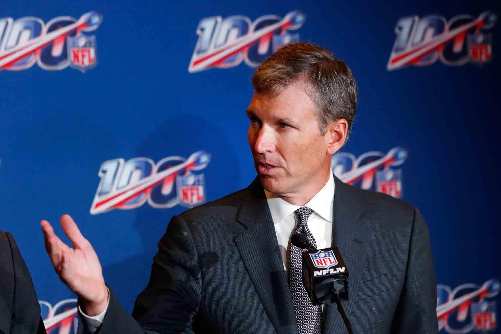 Dr. Allen Sills, the NFL's chief medical officer, speaks during a news conference at the at the football league's fall meeting in Fort Lauderdale, Fla.