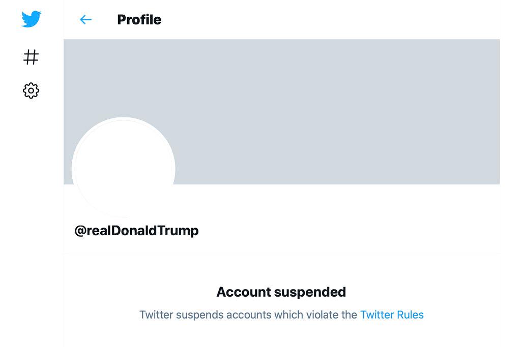 This Friday, Jan. 8, 2021 image shows the suspended Twitter account of President Donald Trump. On Friday, the social media company permanently suspended Trump from its platform, citing "risk of further incitement of violence."
