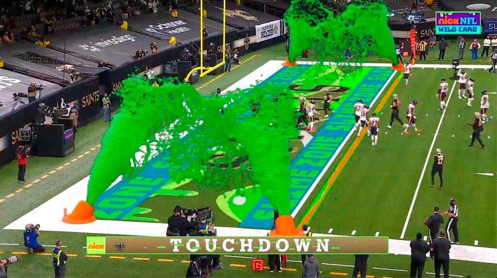 Virtual slime cannons go off after touchdown in Nickelodeon broadcast of NFL game 