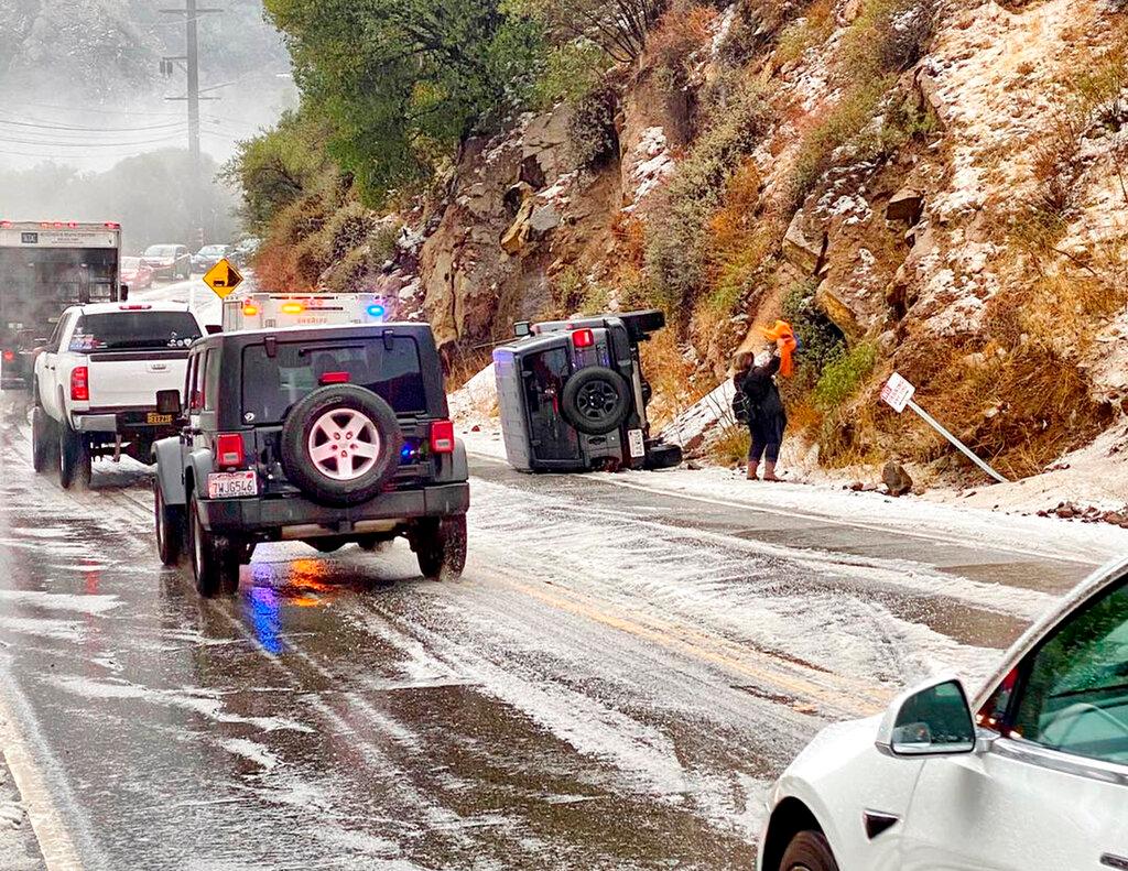 Hail storm on Malibu Canyon Road in Malibu, Calif.
