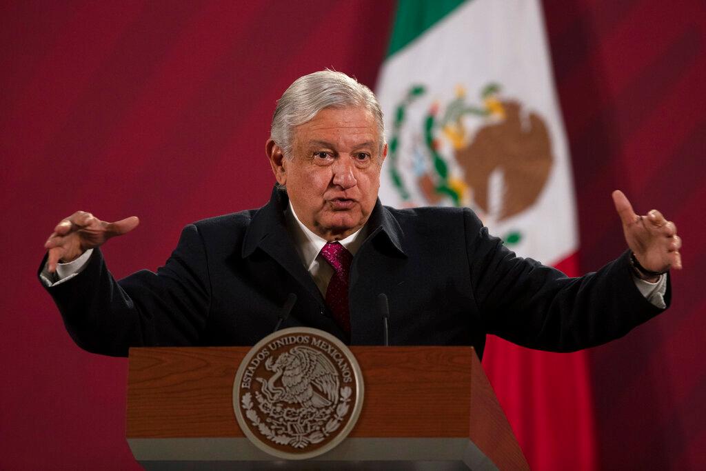 Mexican President Andres Manuel Lopez Obrador gives his daily, morning news conference at the presidential palace, Palacio Nacional, in Mexico City. Mexico
