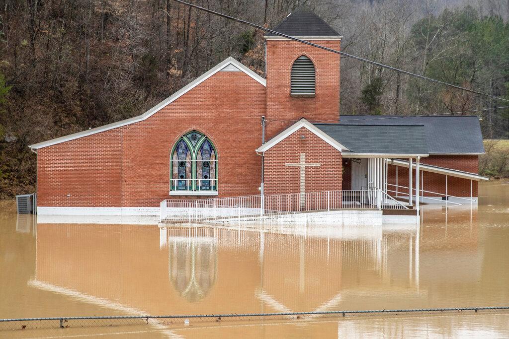 Flood waters surround Rockhouse Freewill Baptist Church in Johnson County, Ky.