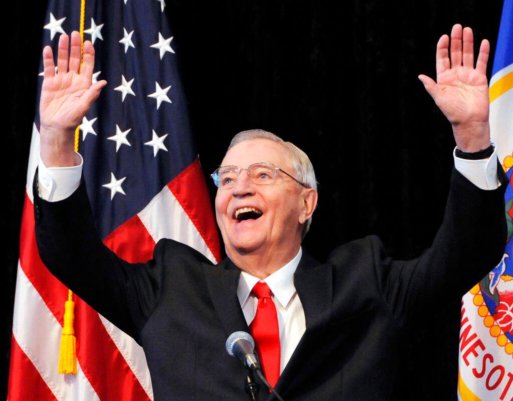 Vice President Walter Mondale, a former Minnesota senator, gestures while speaking at a Students for Obama rally at the University of Minnesota's McNamara Alumni Center 