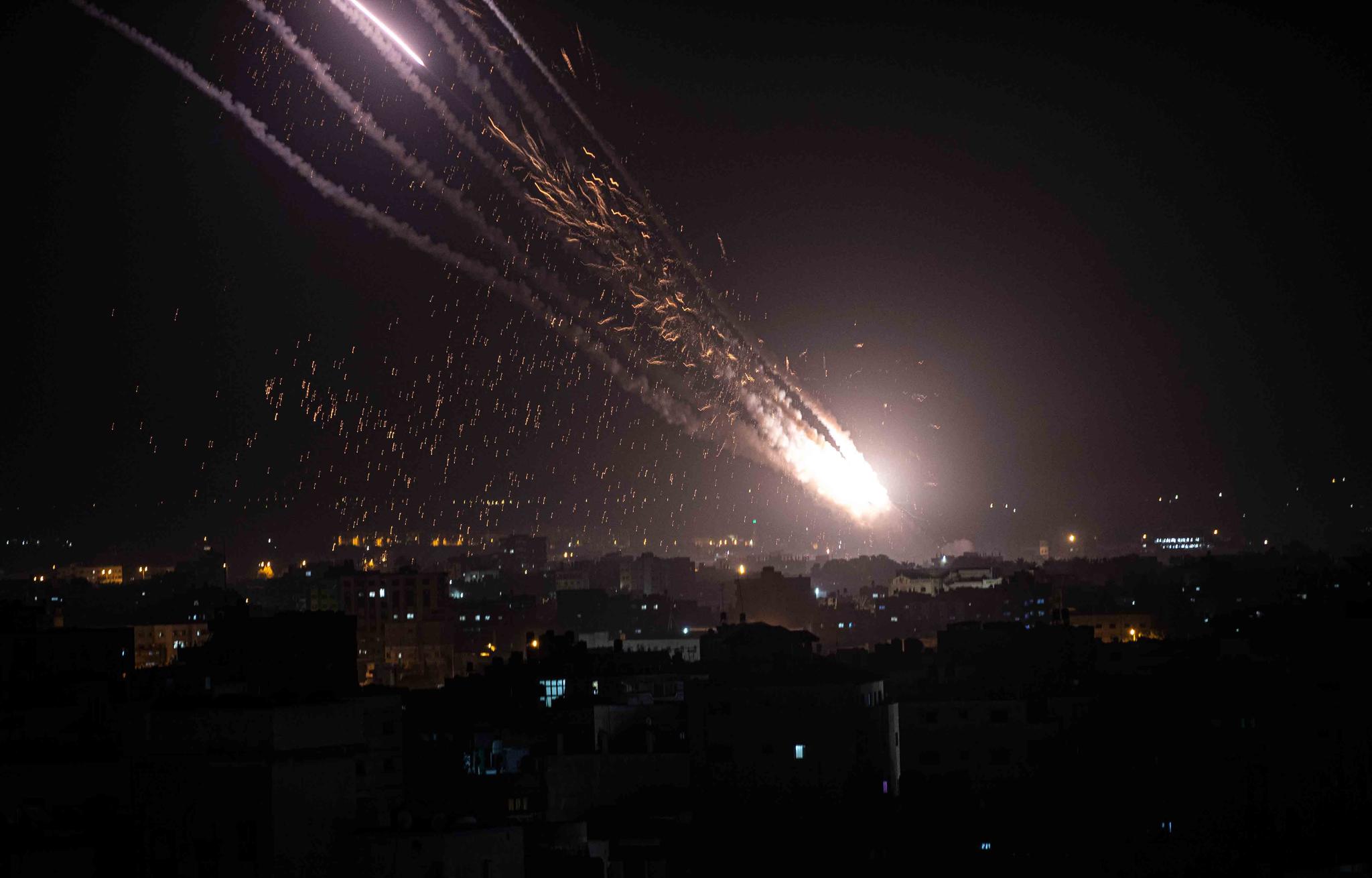 Rockets are launched from the Gaza Strip towards Israel, Monday, May. 10, 2021.