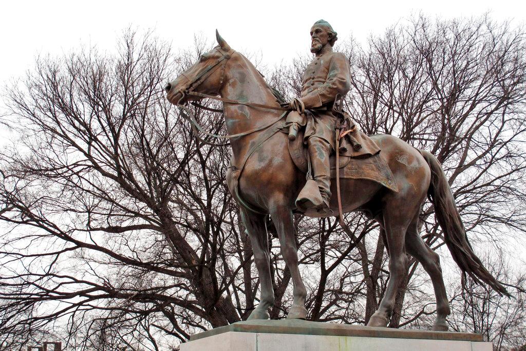 statue of Nathan Bedford Forrest rests on a concrete pedestal at a park named after the confederate cavalryman in Memphis Tenn