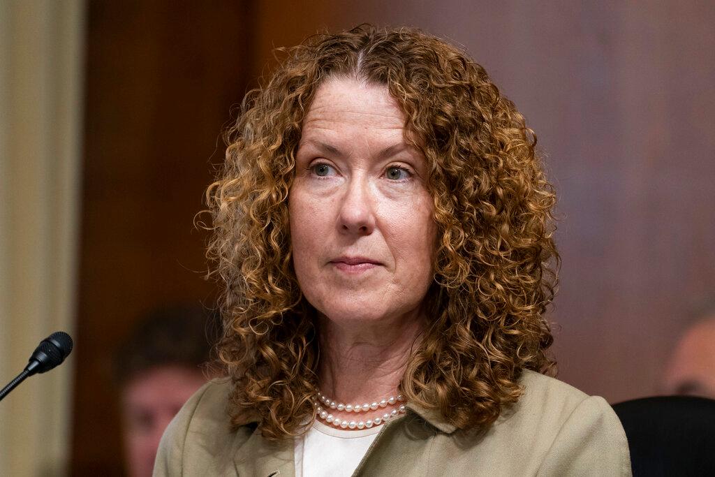 Tracy Stone-Manning listens during a confirmation hearing for her to be the director of the Bureau of Land Management