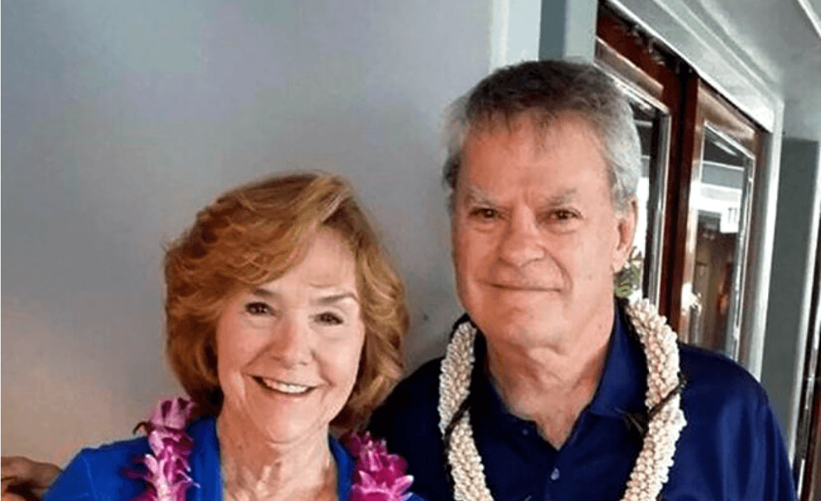 This undated image provided by Desiree Boers-Kort shows Frank Bonner and his wife Gayle. Frank Bonner, who played a brash salesman with an affection for polyester plaid suits on the TV comedy “WKRP in Cincinnati,” has died, Wednesday, June 16, 2021. He was 79.