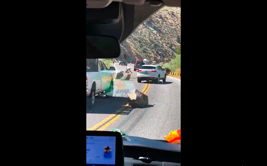 From video provided by Brett Durrant shows boulders blocking U.S. Route 395 near the California state line with Nevada