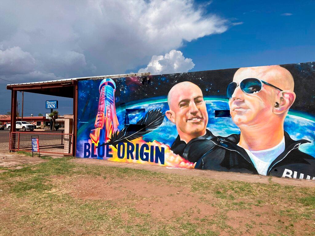 The side of a building in Van Horn, Texas, is adorned with a mural of Blue Origin founder Jeff Bezos 