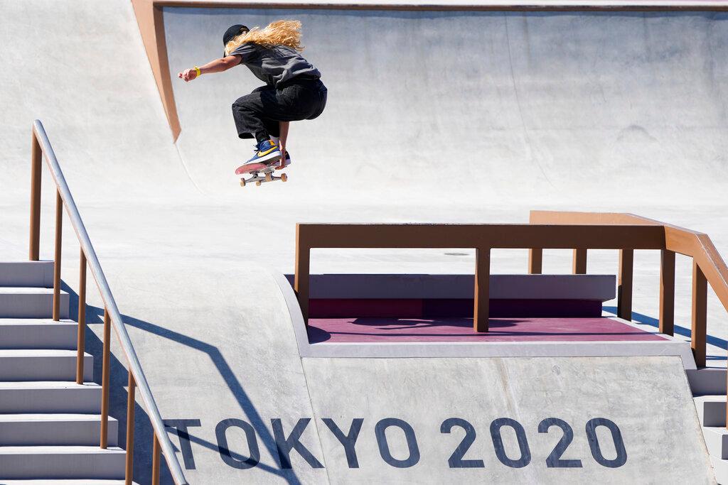 Lore Bruggeman of Belgium trains during a street skateboarding practice session 