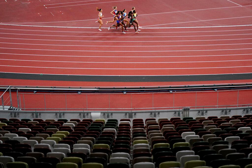Competitors run in the semifinal of the women's 800-meters at the 2020 Summer Olympics, Saturday, July 31, 2021, in Tokyo.