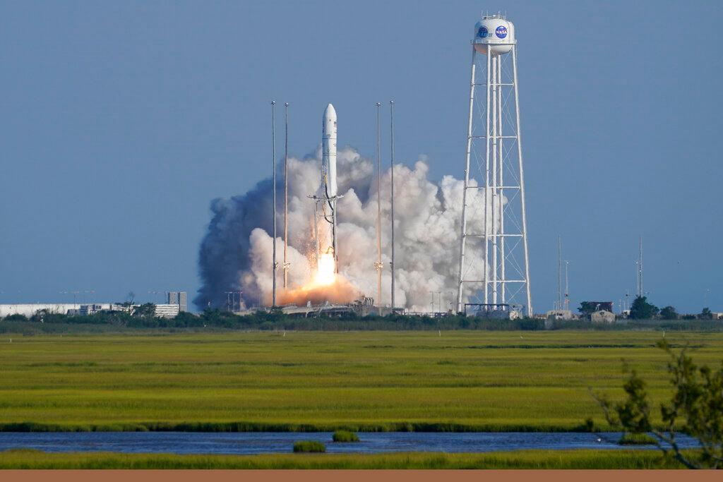 Northrop Grumman's Antares rocket lifts off the launch pad at the NASA Test Flight Facility, Tuesday, Aug. 10, 2021, in Wallops Island, Va. The rocket carries a Cygnus space vessel that will deliver supplies to the International Space Station.