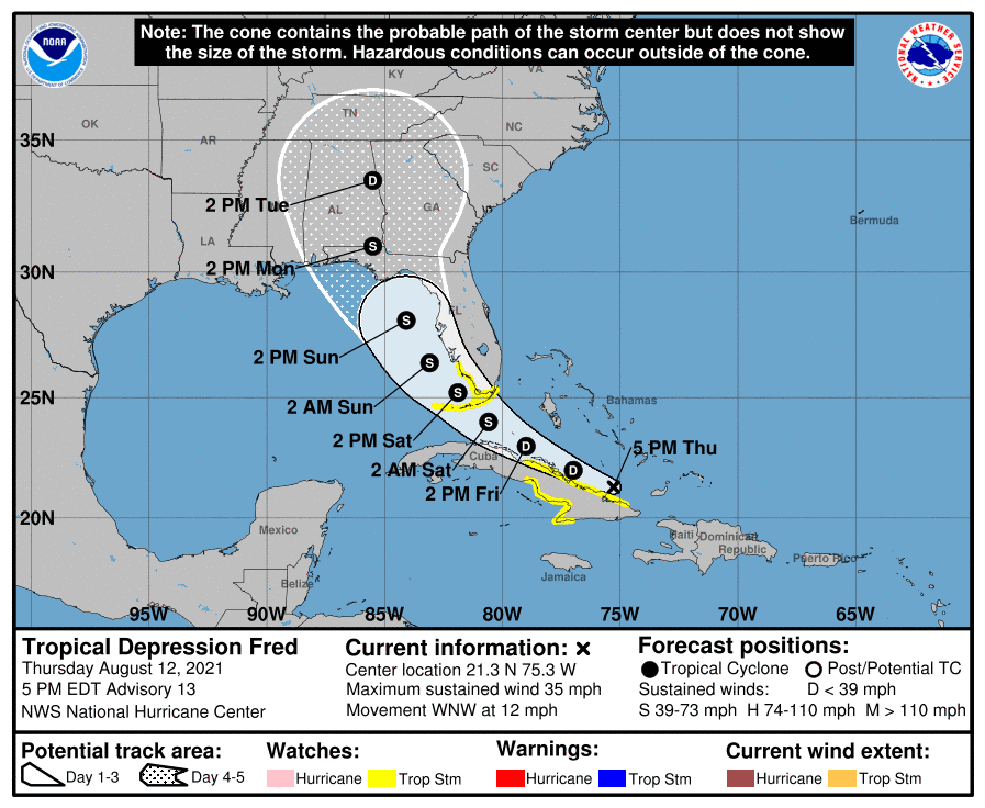 Projected path for "Fred" D=depression S=storm