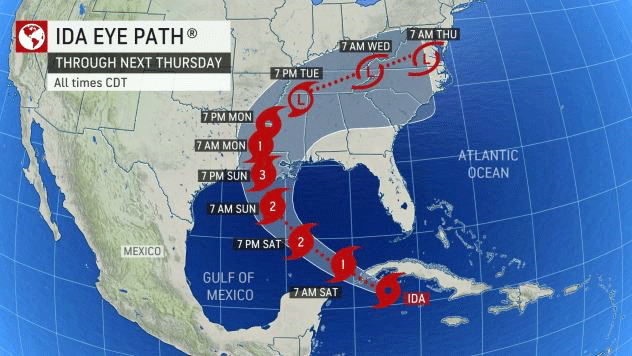 Eye path for Hurricane Ida