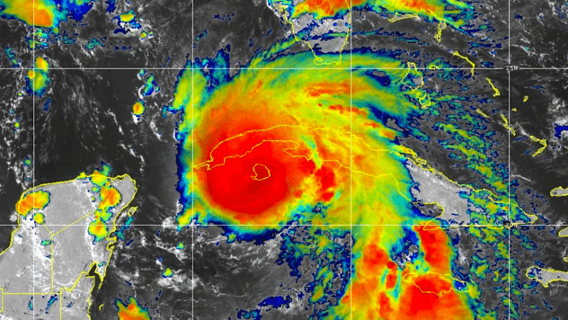 This satellite image shows Hurricane Ida beginning to emerge over the southeastern Gulf of Mexico after making landfall in western Cuba